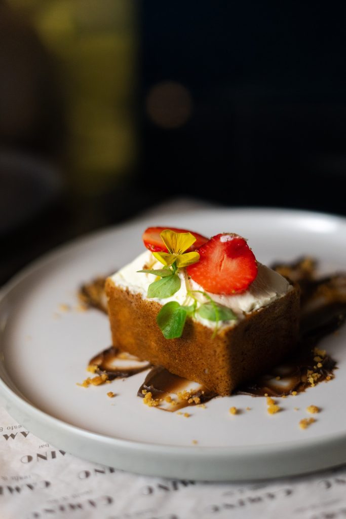 House-made dessert with fresh strawberries at Camino Bali