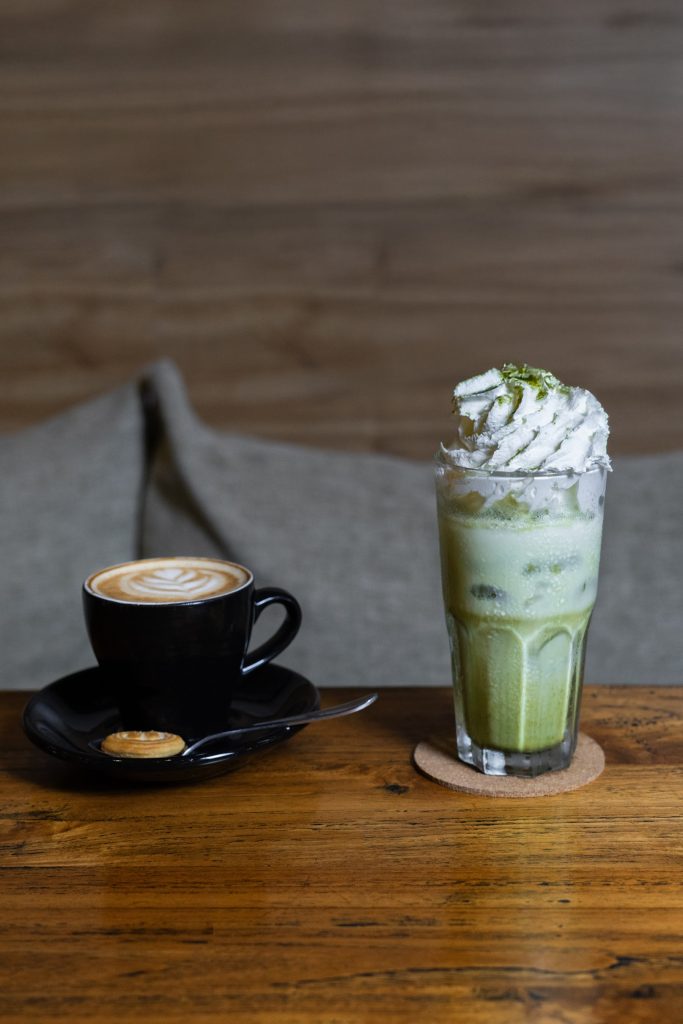 Coffee and iced matcha at Camino Bali